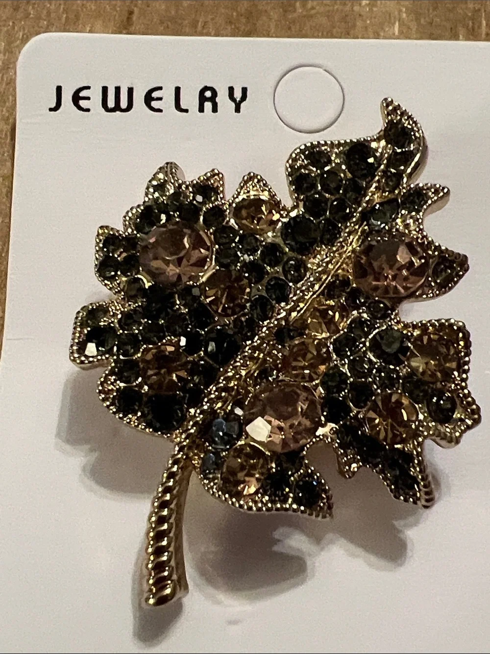 3/$18 Gold Leaf Brooch with Champagne and Black Crystals Lot 6071